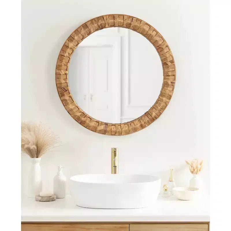Miroir mural rond tressé marron rustique de 26 po