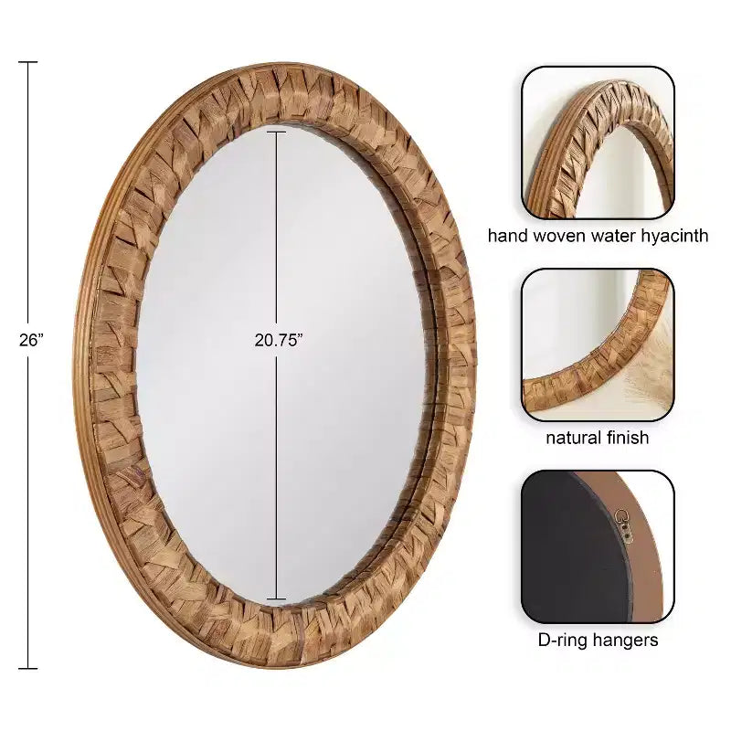 Miroir mural rond tressé marron rustique de 26 po