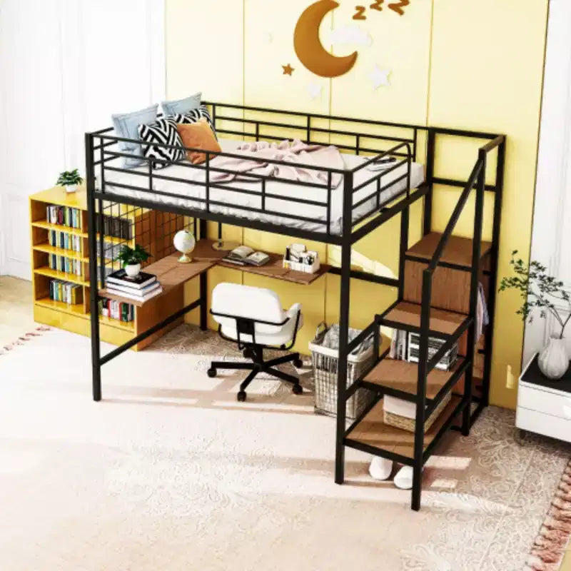 Lit mezzanine double en métal avec bureau, armoire, grille et échelle de rangement