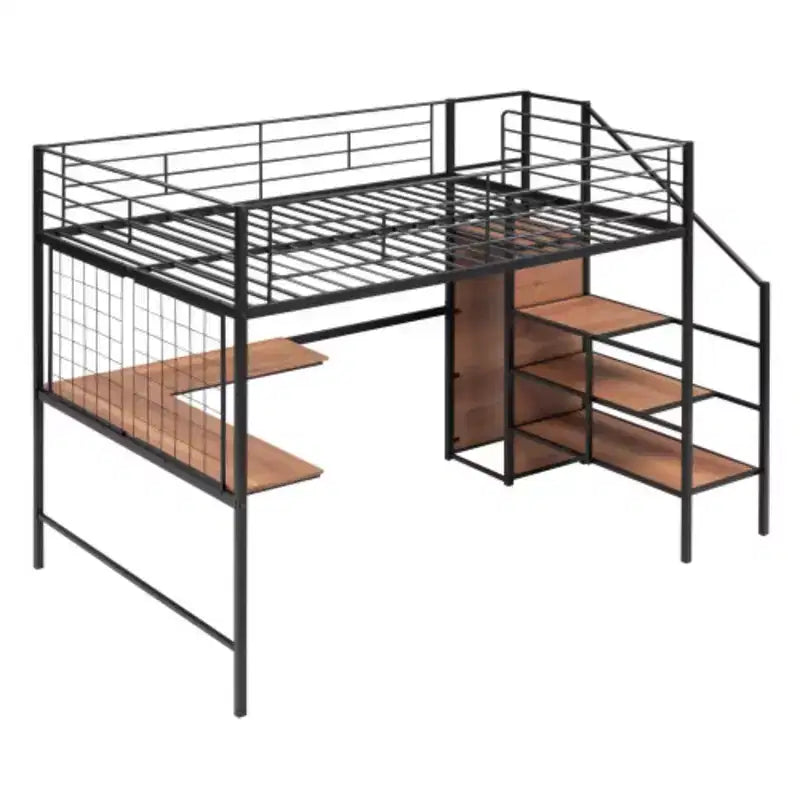 Lit mezzanine double en métal avec bureau, armoire, grille et échelle de rangement