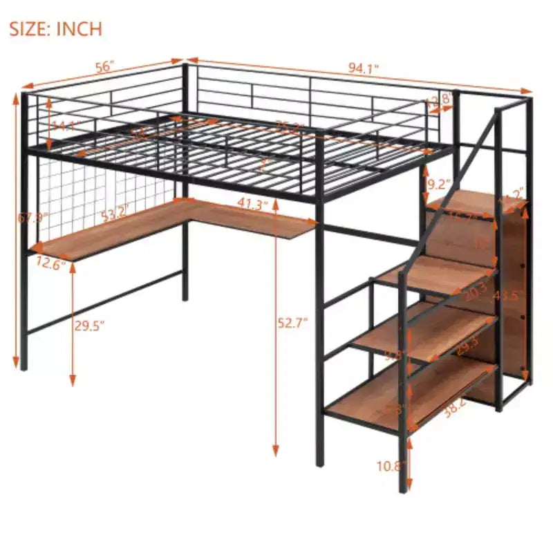 Lit mezzanine double en métal avec bureau, armoire, grille et échelle de rangement