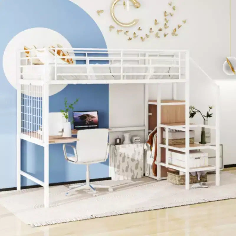 Lit mezzanine double en métal avec bureau, armoire, grille et échelle de rangement