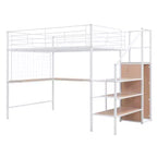 Lit mezzanine double en métal avec bureau, armoire, grille et échelle de rangement