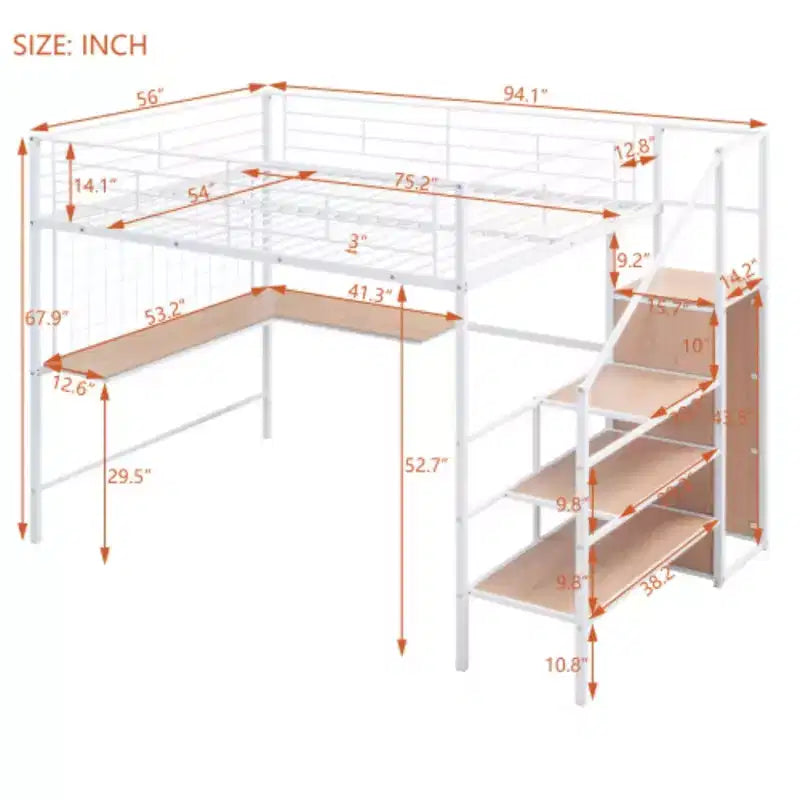 Lit mezzanine double en métal avec bureau, armoire, grille et échelle de rangement
