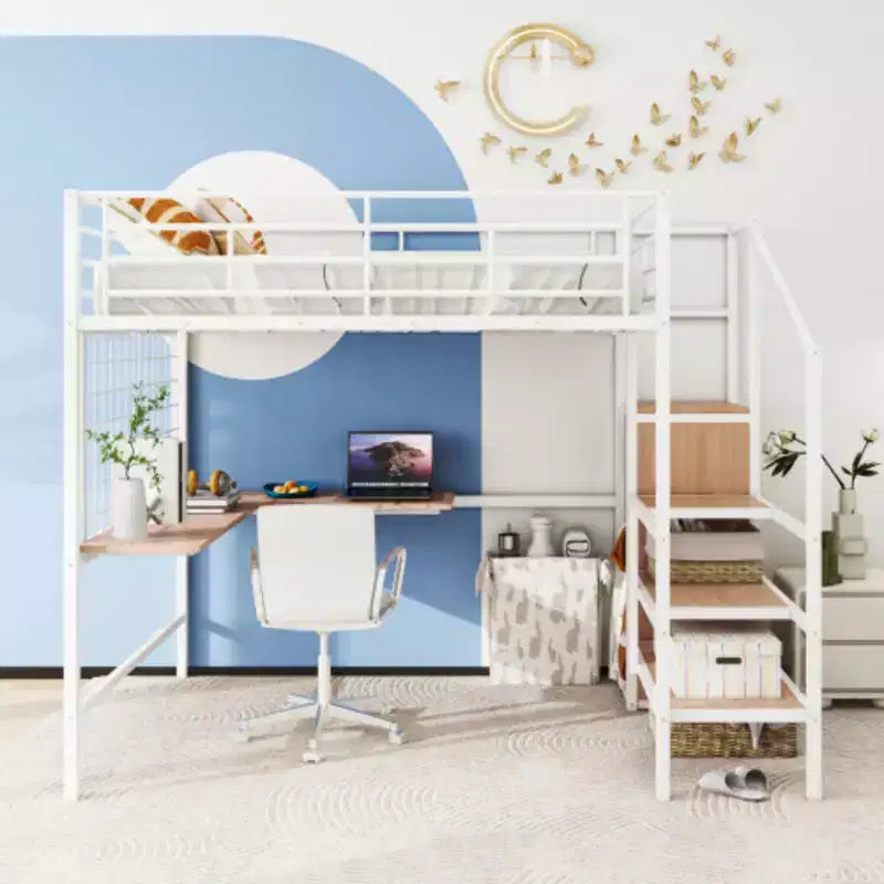 Lit mezzanine double en métal avec bureau, armoire, grille et échelle de rangement