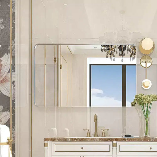 Miroir mural rectangulaire 40"x30" en argent brossé avec coins arrondis