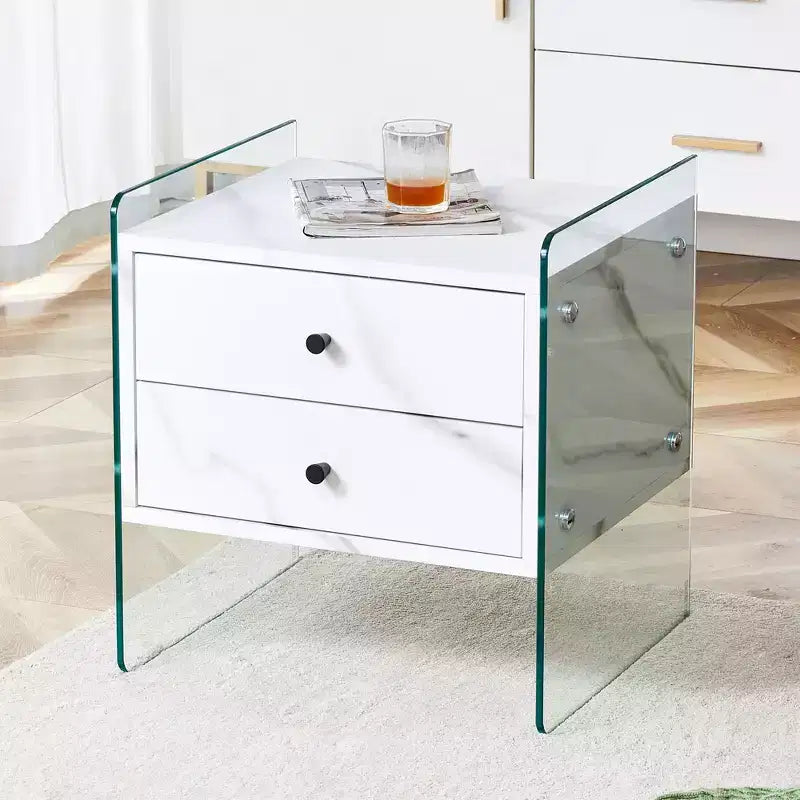 Table de chevet en verre avec tiroir en bois