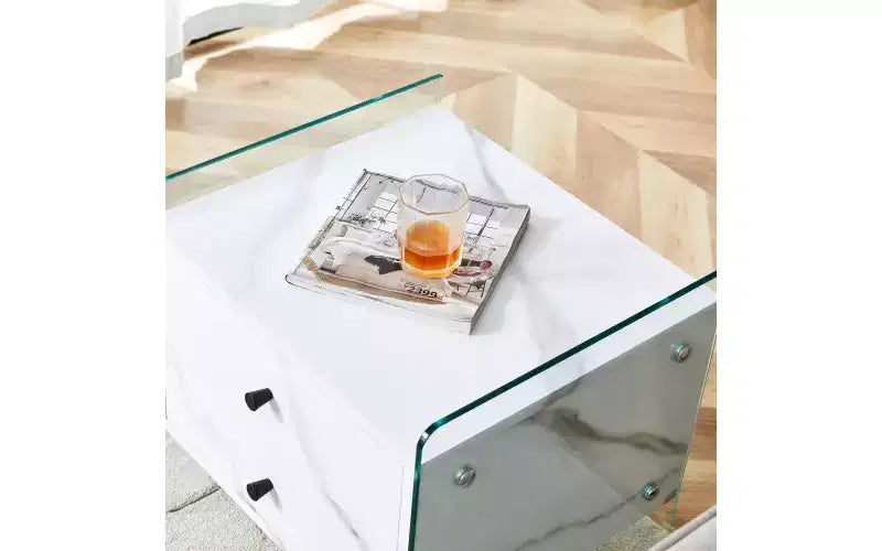 Table de chevet en verre avec tiroir en bois