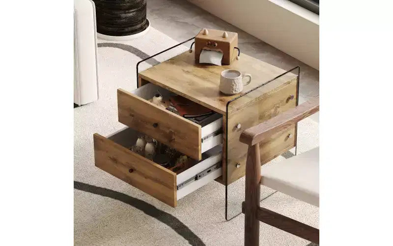 Table de chevet en verre avec tiroir en bois