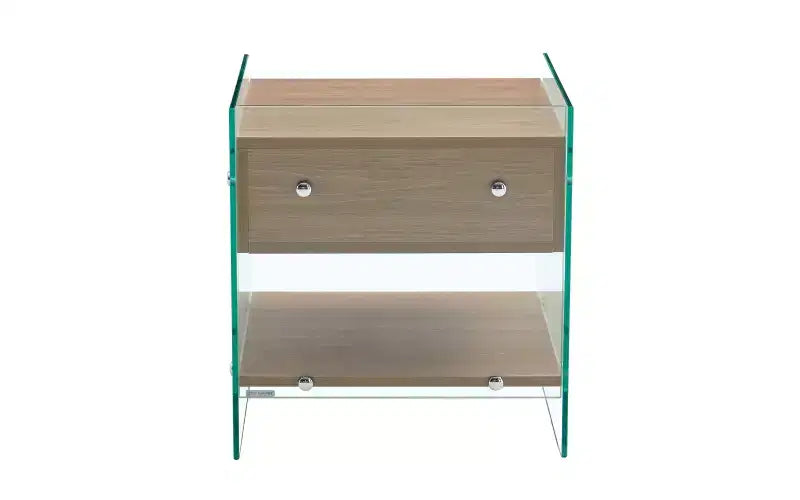 Table de chevet en verre avec tiroir en bois