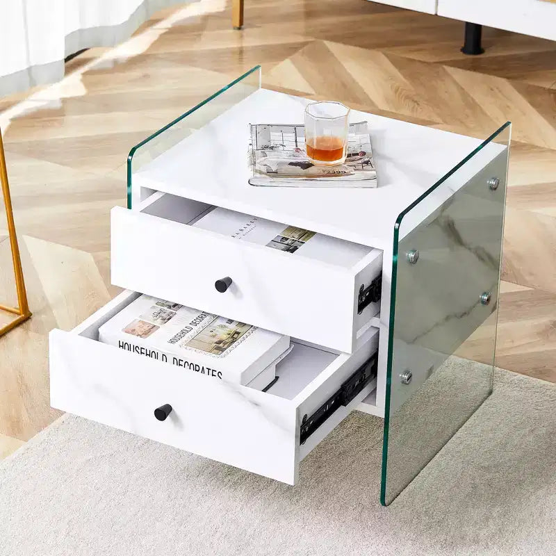 Table de chevet en verre avec tiroir en bois