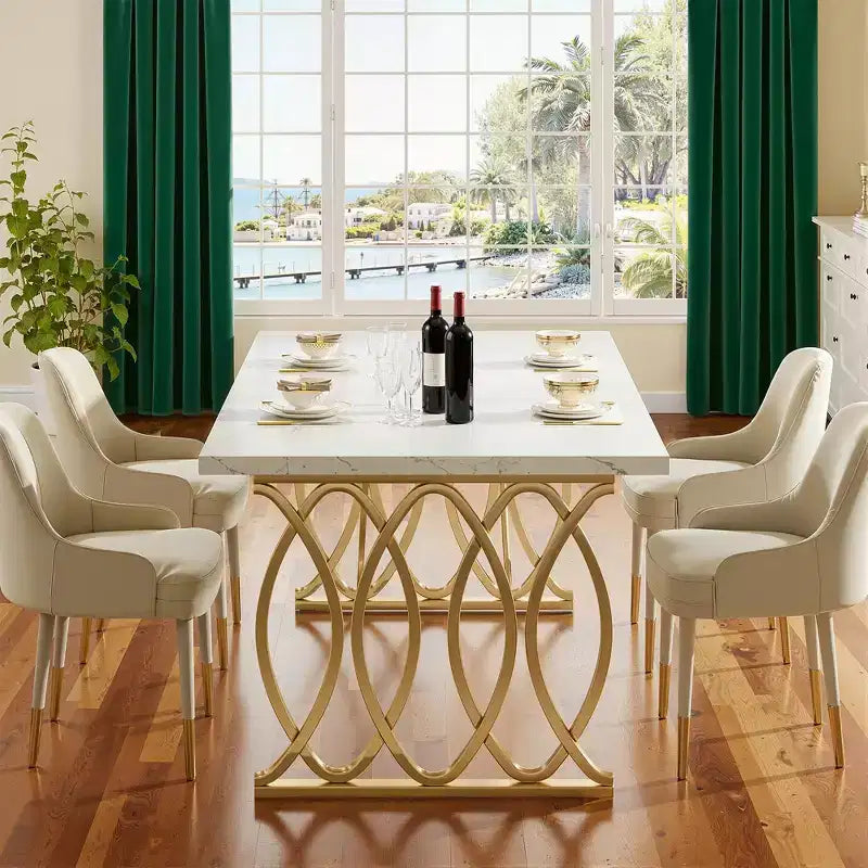 Table de salle à manger 63" pour 4-6 personnes, plateau en faux marbre blanc et cadre en acier doré