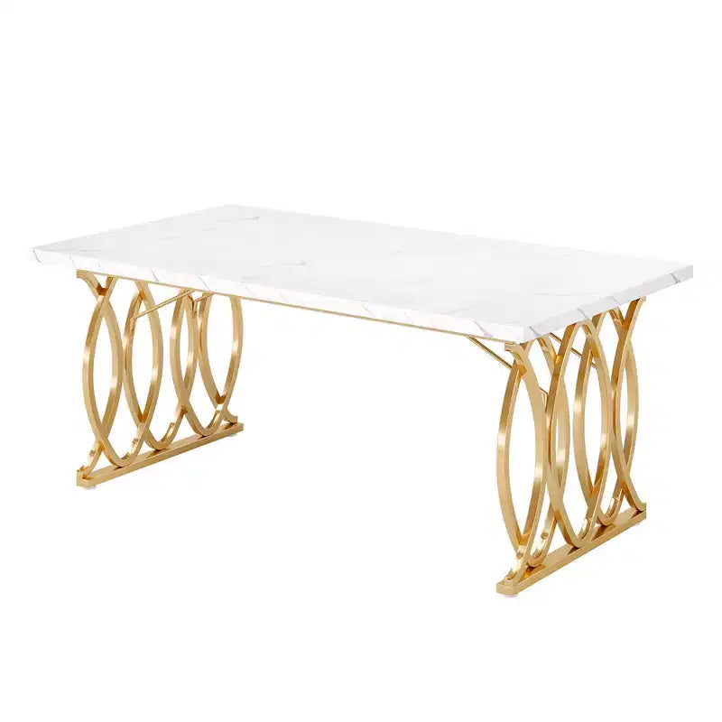 Table de salle à manger 63" pour 4-6 personnes, plateau en faux marbre blanc et cadre en acier doré