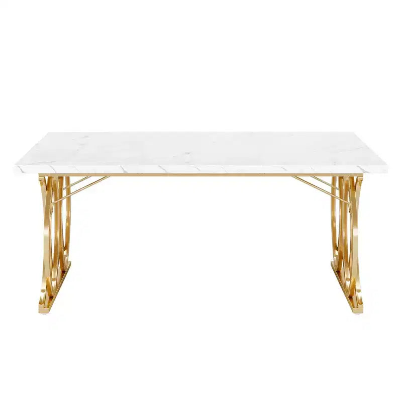 Table de salle à manger 63" pour 4-6 personnes, plateau en faux marbre blanc et cadre en acier doré