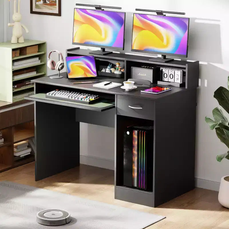 Bureau de jeu multifonctionnel avec tiroirs et plateau pour clavier – Noir
