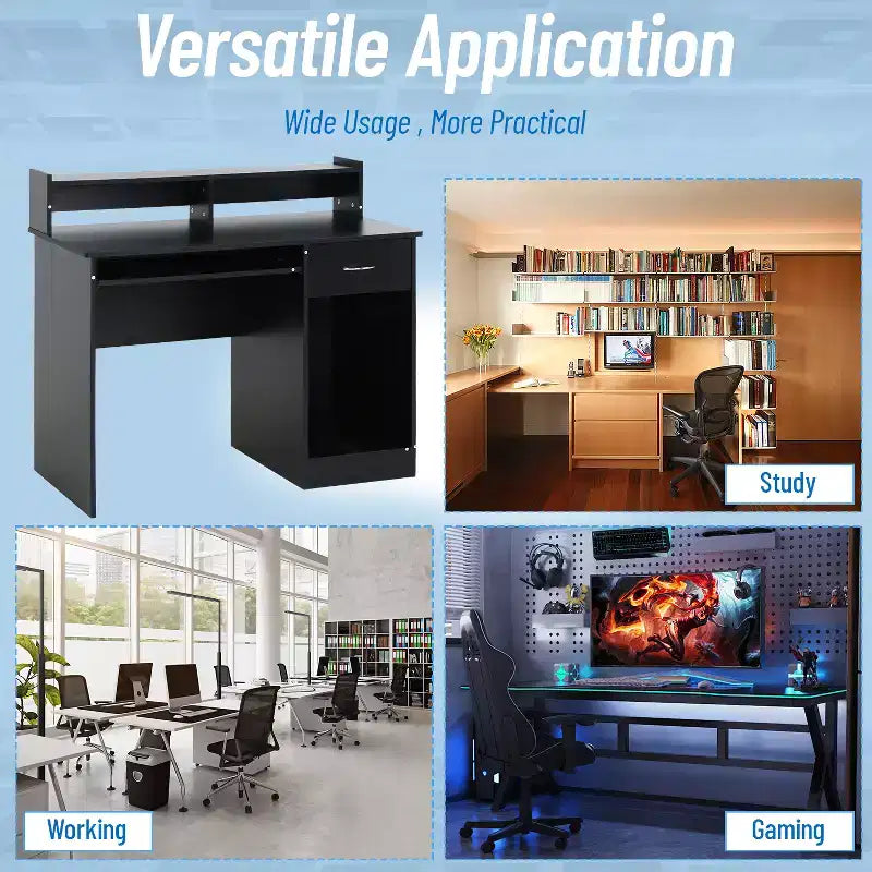 Bureau de jeu multifonctionnel avec tiroirs et plateau pour clavier – Noir
