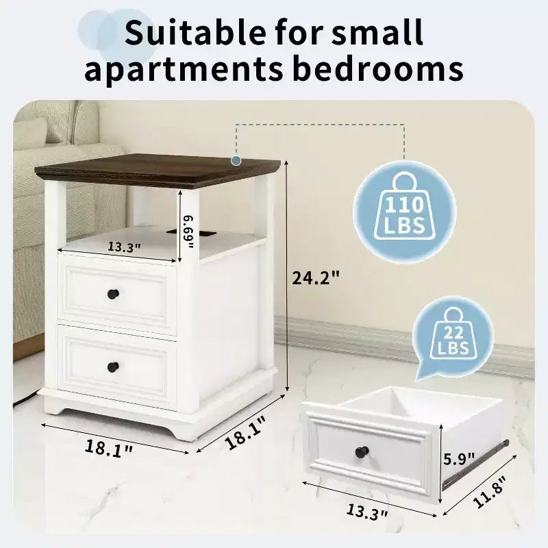 Table de chevet haute rustique en bois de 45,7 cm avec station de charge – Blanc