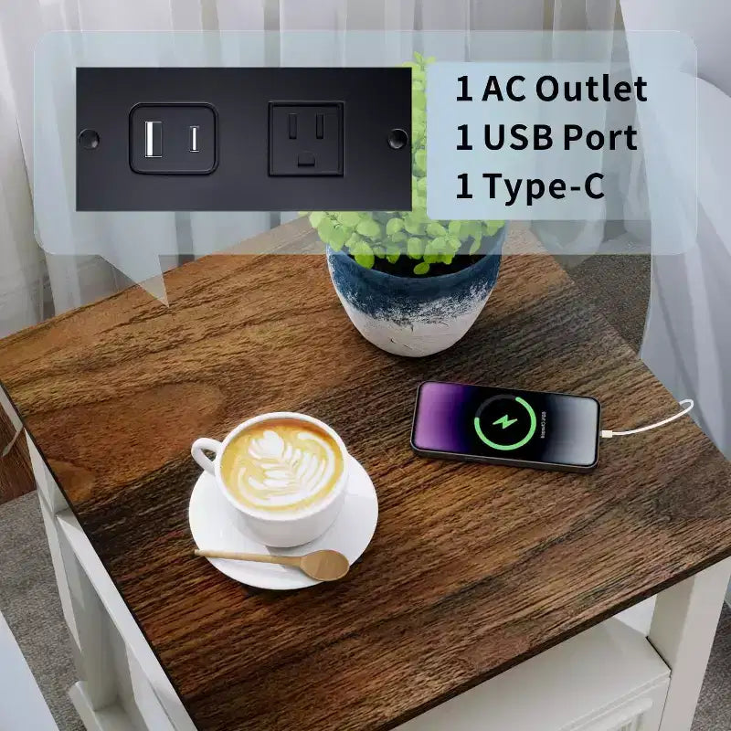 Table de chevet haute rustique en bois de 45,7 cm avec station de charge – Blanc