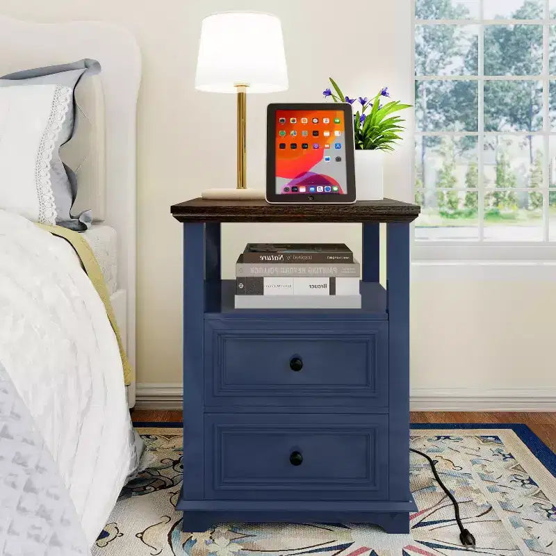 Table de chevet haute rustique en bois de 45,7 cm avec station de charge – Blanc
