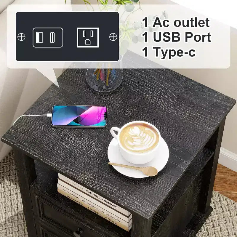 Table de chevet haute rustique en bois de 45,7 cm avec station de charge – Blanc