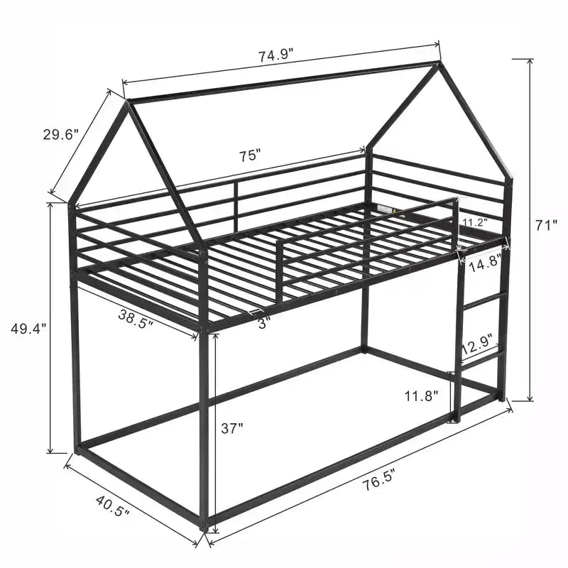 Lit superposé cabane en métal, deux places, avec échelle intégrée et garde-corps de sécurité