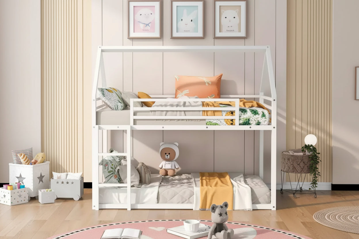 Okak Twin over Twin Metal House Bunk Bed with Built-in Ladder Low Loft Bunk Bed with Safety Guardrail for Kids Teens, Easy Assemble