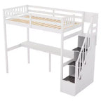 Lit superposé double avec bureau intégré, escalier de rangement et garde-corps de sécurité