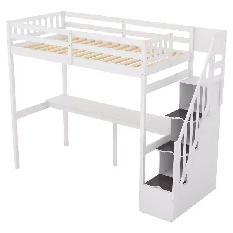 Lit superposé double avec bureau intégré, escalier de rangement et garde-corps de sécurité