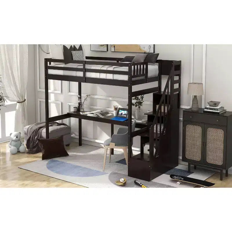 Lit superposé double avec bureau intégré, escalier de rangement et garde-corps de sécurité
