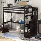 Lit superposé double avec bureau intégré, escalier de rangement et garde-corps de sécurité