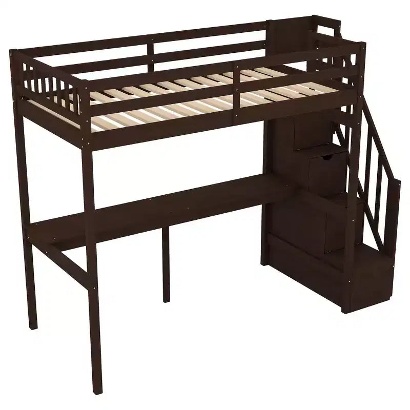 Lit superposé double avec bureau intégré, escalier de rangement et garde-corps de sécurité