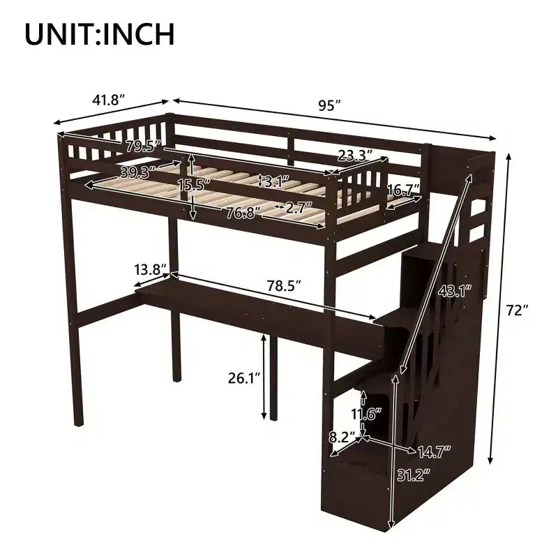 Lit superposé double avec bureau intégré, escalier de rangement et garde-corps de sécurité