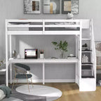 Lit superposé double avec bureau intégré, escalier de rangement et garde-corps de sécurité