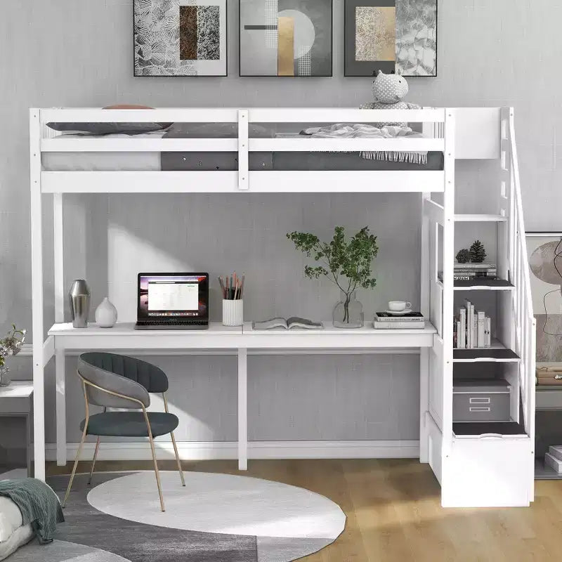 Lit superposé double avec bureau intégré, escalier de rangement et garde-corps de sécurité