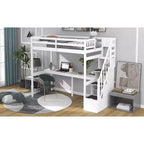 Lit superposé double avec bureau intégré, escalier de rangement et garde-corps de sécurité