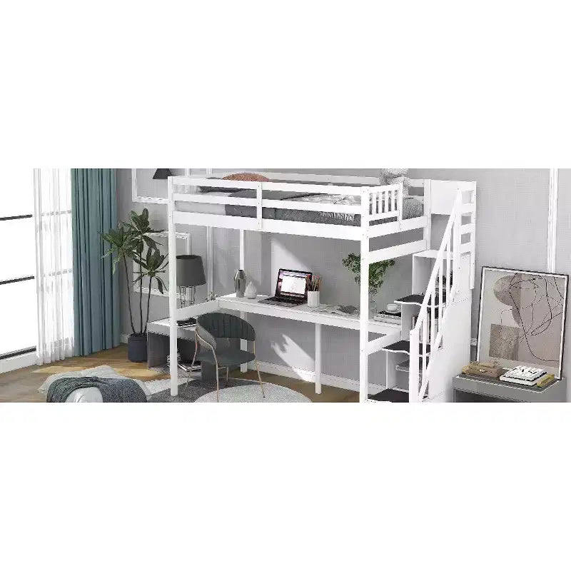 Lit superposé double avec bureau intégré, escalier de rangement et garde-corps de sécurité