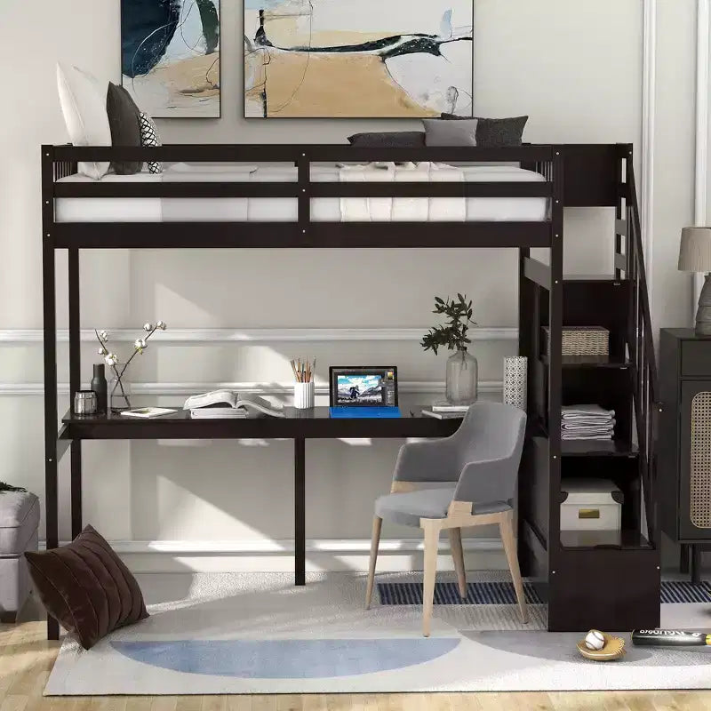 Lit superposé double avec bureau intégré, escalier de rangement et garde-corps de sécurité