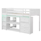 Lit mezzanine double avec lumières LED, tiroirs, étagères et échelle – Gris/Blanc