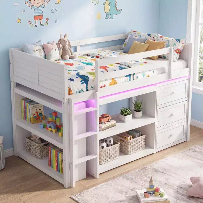 Lit mezzanine double avec lumières LED, tiroirs, étagères et échelle – Gris/Blanc