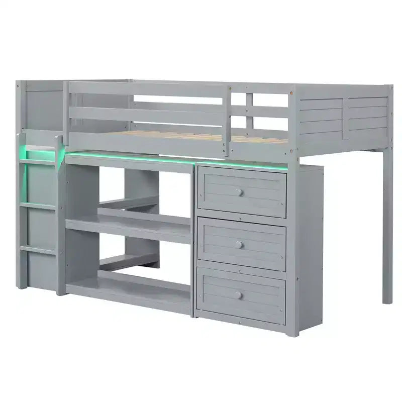 Lit mezzanine double avec lumières LED, tiroirs, étagères et échelle – Gris/Blanc