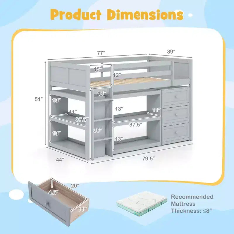 Lit mezzanine double avec lumières LED, tiroirs, étagères et échelle – Gris/Blanc
