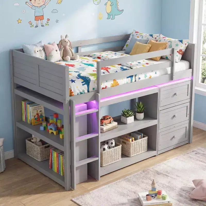 Lit mezzanine double avec lumières LED, tiroirs, étagères et échelle – Gris/Blanc