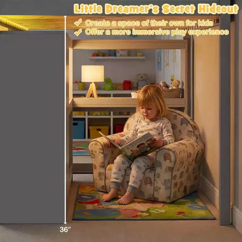 Lit mezzanine double avec lumières LED, tiroirs, étagères et échelle – Gris/Blanc