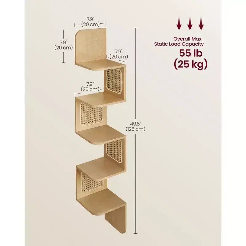 Étagère d'Angle Murale Zigzag 5 Niveaux en Rotin PVC – Style Bohème