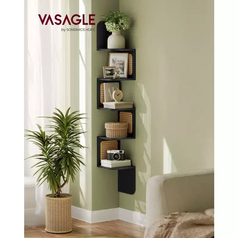 Étagère d'Angle Murale Zigzag 5 Niveaux en Rotin PVC – Style Bohème