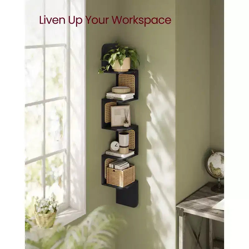 Étagère d'Angle Murale Zigzag 5 Niveaux en Rotin PVC – Style Bohème