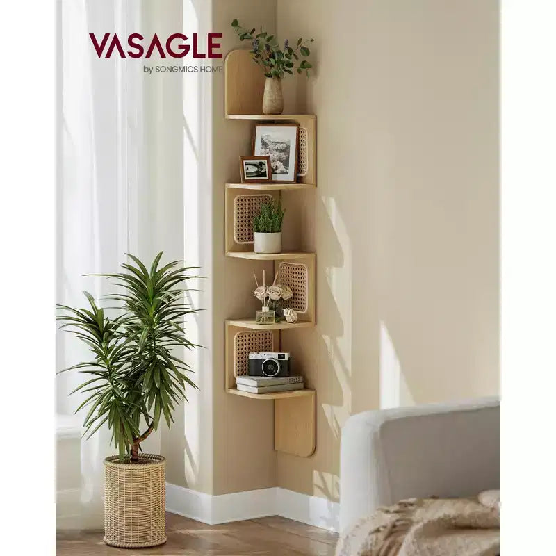 Étagère d'Angle Murale Zigzag 5 Niveaux en Rotin PVC – Style Bohème