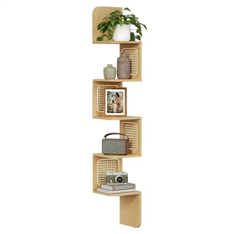 Étagère d'Angle Murale Zigzag 5 Niveaux en Rotin PVC – Style Bohème