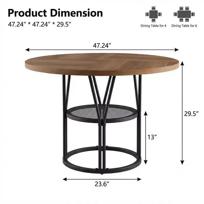 Table à manger ronde de 47" pour 4 à 6 personnes avec étagère de rangement et cadre en métal
