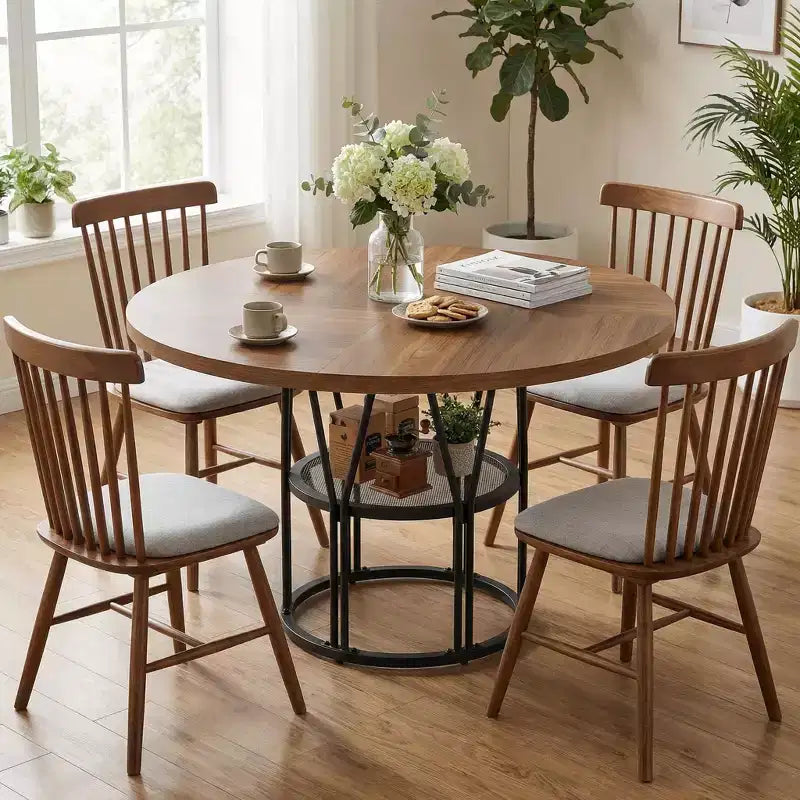 Table à manger ronde de 47" pour 4 à 6 personnes avec étagère de rangement et cadre en métal